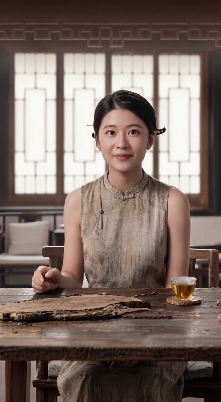 数字人成片：人物与茶桌完整画面